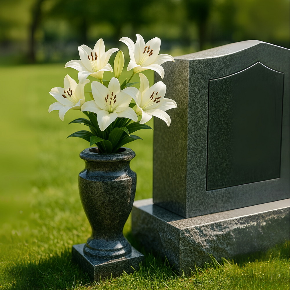 Elegant Granite Vase Display next to upright headstone in Queens cemetery