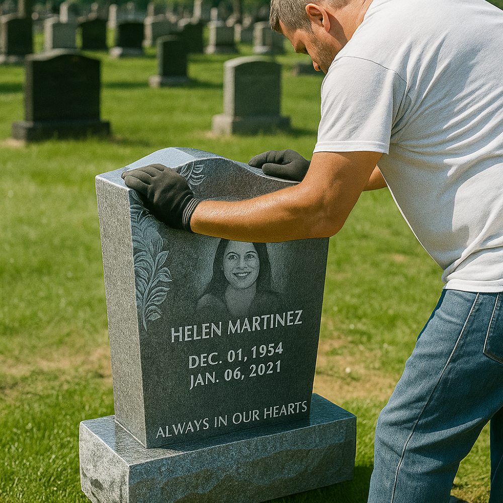worker installing installation monument in queens cemetery