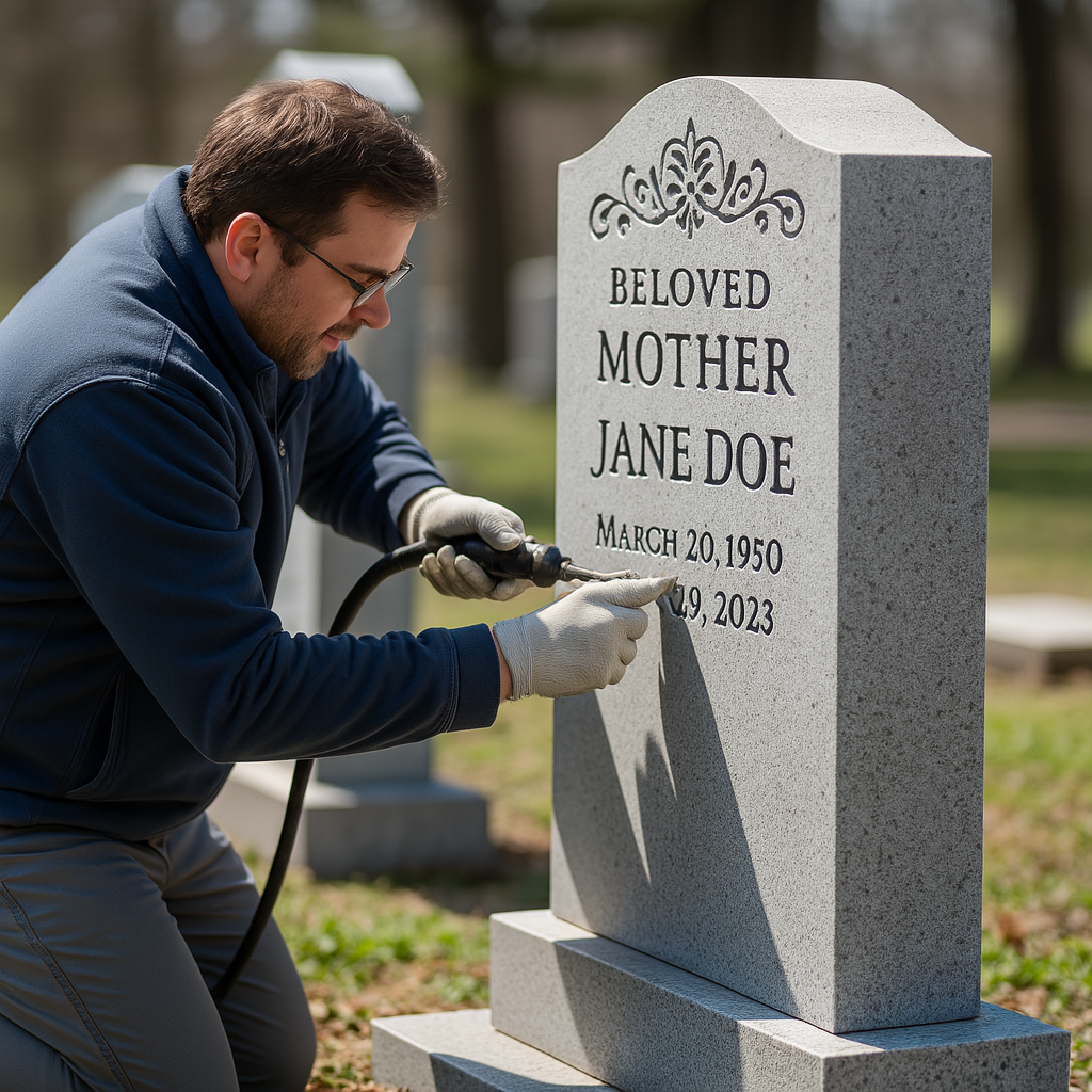 Worker sandblasting and etching onsite of a cemetery